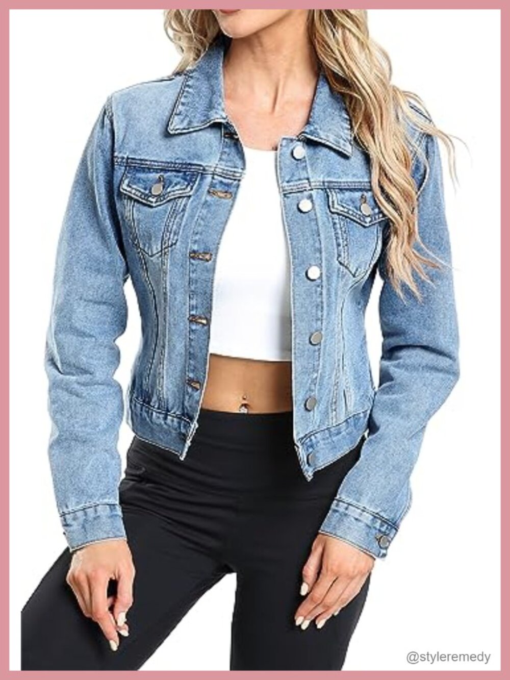 Cropped Denim Jacket Women 100% Cotton Jean Shacket Button Down with Pockets